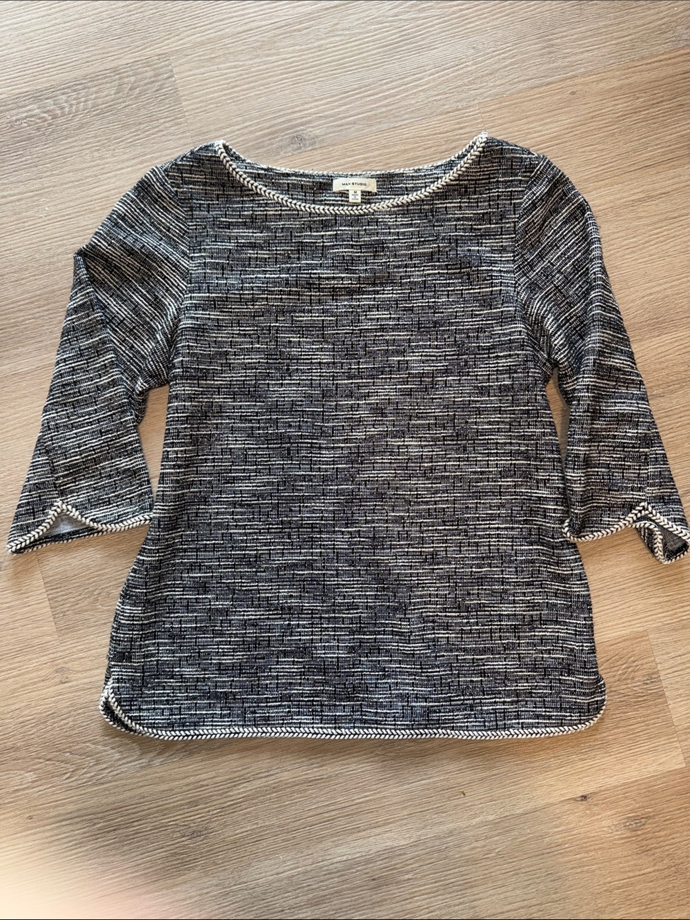 MAX STUDIO Black &White Textured Knit 3/4 Length Sleeve Scoopneck Sweater Blouse